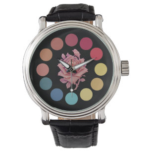 RED BLUE YELLOW COLOR WHEEL WITH PINK ROSE WATCH