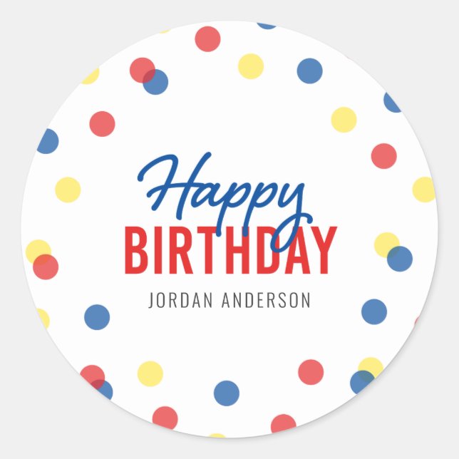Red Blue Yellow Confetti Happy Birthday Classic Round Sticker (Front)