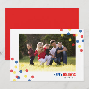 Red Blue Yellow Confetti Photo Happy Holidays Card