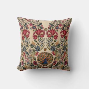 RED BLUE YELLOW FLOWERS AND PEACOCK Antique Floral Cushion