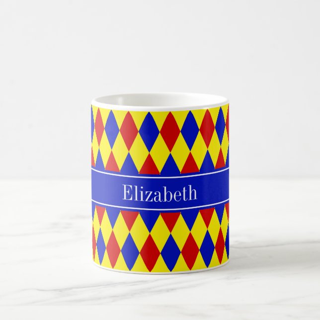 Red Blue Yellow Harlequin Royal Ribbon Monogram Coffee Mug (Center)