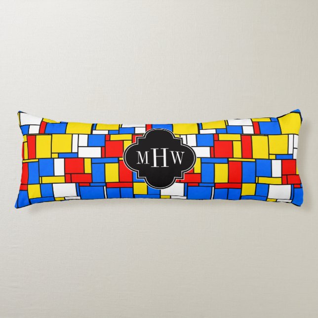 Red Blue Yellow Mondrian Blk Quatrefoil 3 Monogram Body Cushion (Front)
