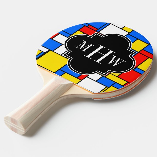 Red Blue Yellow Mondrian Blk Quatrefoil 3 Monogram Ping Pong Paddle (Front Angle)