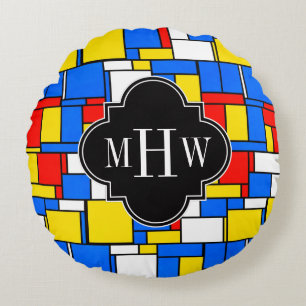 Red Blue Yellow Mondrian Blk Quatrefoil 3 Monogram Round Cushion