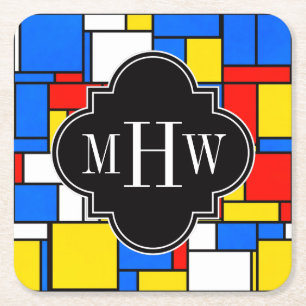 Red Blue Yellow Mondrian Blk Quatrefoil 3 Monogram Square Paper Coaster