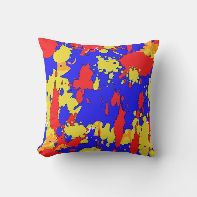 Red Blue Yellow Paint Splatters Outdoor Pillow (Front)
