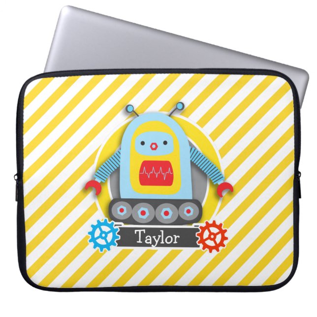 Red, Blue, & Yellow Robot; White Stripes Laptop Sleeve (Front)