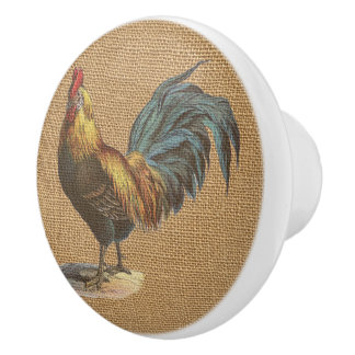 Red Blue Yellow Rooster On Faux Jute Burlap Ceramic Knob