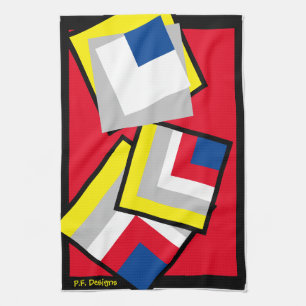 Red Blue Yellow White Grey Black Geometric Black Tea Towel