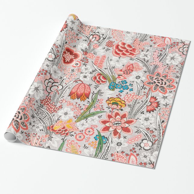 RED BLUE YELLOW WILD FLOWERS TULIPS,LEAVES FLORAL  WRAPPING PAPER (Unrolled)