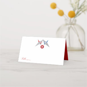 Red & Blue Zen Origami Paper Cranes Asian Wedding  Place Card