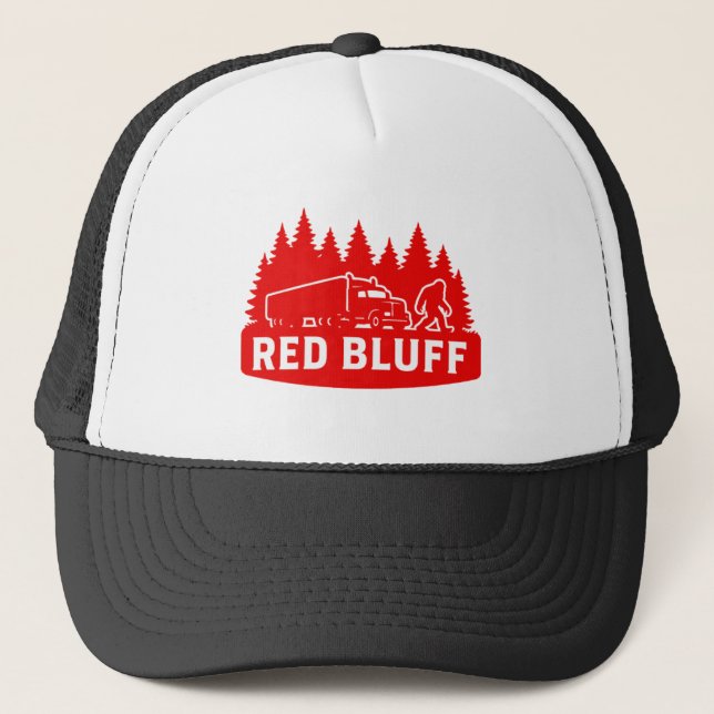 Red Bluff Bigfoot Semi-Truck & Forest Silhouette Trucker Hat (Front)