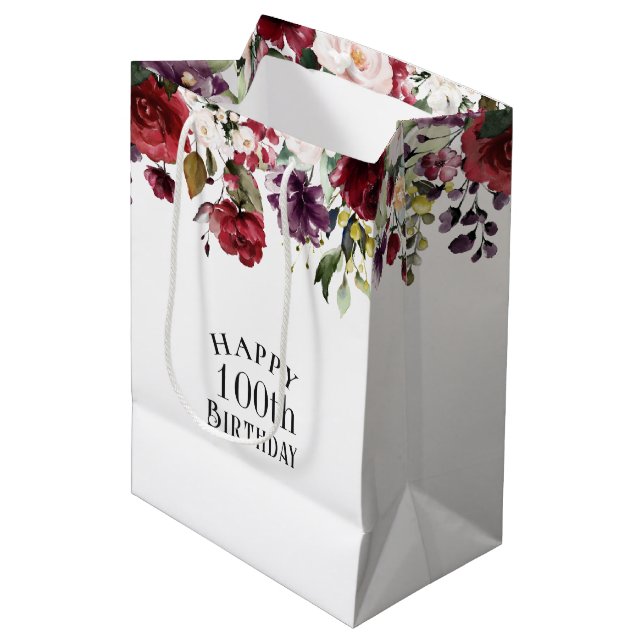Red Blush and Purple Elegant Floral 100th Birthday Medium Gift Bag (Front Angled)