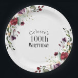 Red Blush and Purple Elegant Floral 100th Birthday Paper Plate<br><div class="desc">Part of a coordinating set of birthday party products celebrating a 100th birthday, honour someone special with this lovely watercolor floral birthday party plate. Embellished with lovely boho floral bouquets on opposite sides in the stylish colour combination of burgundy red, blush pink, plum purple, and peach with sumptuous greenery scattered...</div>