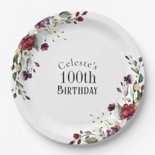 Red Blush and Purple Elegant Floral 100th Birthday Paper Plate