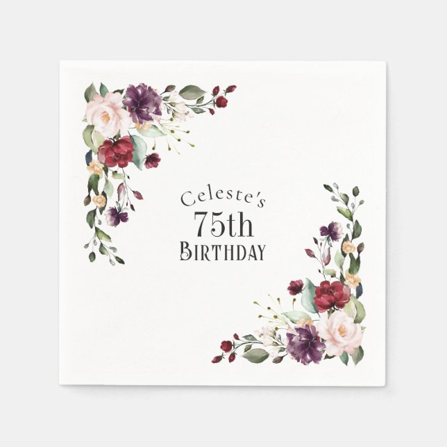 Red Blush and Purple Elegant Floral 75th Birthday Napkin (Front)