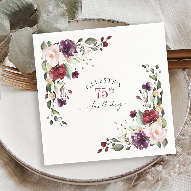 Red Blush and Purple Elegant Floral 75th Birthday Napkin (Creator Uploaded)