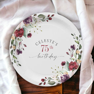 Red Blush and Purple Elegant Floral 75th Birthday Paper Plate