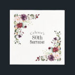 Red Blush and Purple Elegant Floral 80th Birthday Napkin<br><div class="desc">Part of a coordinating set of birthday party products celebrating an 80th birthday, honour someone special with this lovely watercolor floral birthday party napkin. Embellished with lovely boho floral corner bouquets in the stylish colour combination of burgundy red, blush pink, plum purple, and peach with sumptuous greenery scattered throughout, it...</div>