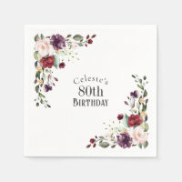 Red Blush and Purple Elegant Floral 80th Birthday