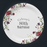Red Blush and Purple Elegant Floral 80th Birthday Paper Plate<br><div class="desc">Part of a coordinating set of birthday party products celebrating an 80th birthday, honour someone special with this lovely watercolor floral birthday party plate. Embellished with lovely boho floral bouquets on opposite sides in the stylish colour combination of burgundy red, blush pink, plum purple, and peach with sumptuous greenery scattered...</div>
