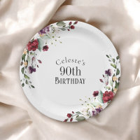 Red Blush and Purple Elegant Floral 90th Birthday