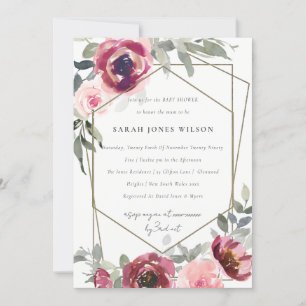 RED BLUSH BURGUNDY ROSE FLORAL BABY SHOWER INVITE