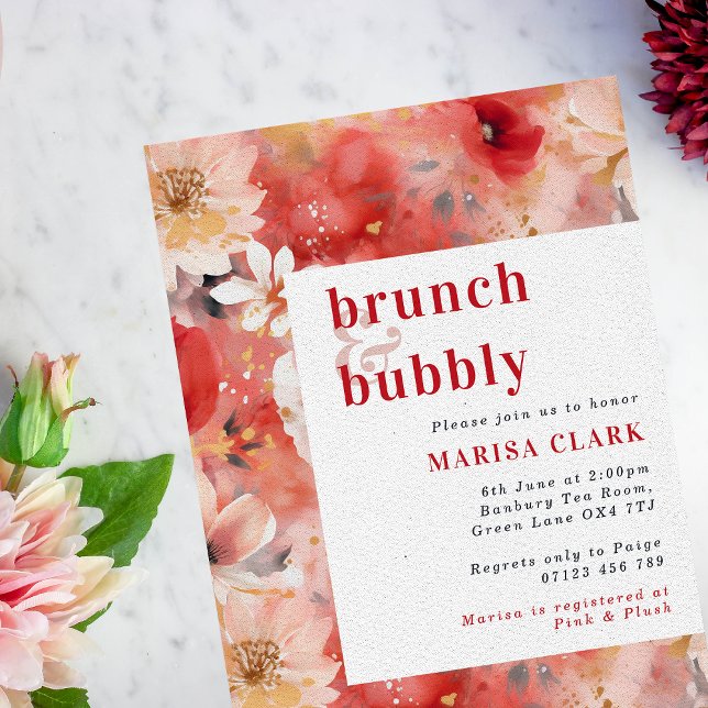 Red & Blush Floral Brunch & Bubbly Bridal Shower Invitation (Creator Uploaded)