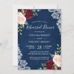 Red Blush Floral Lace Navy Blue Rehearsal Dinner Invitation