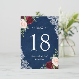 Red Blush Floral Navy Blue Wedding Table Number
