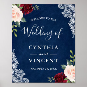 Red Blush Floral Navy Blue Wedding Welcome Sign