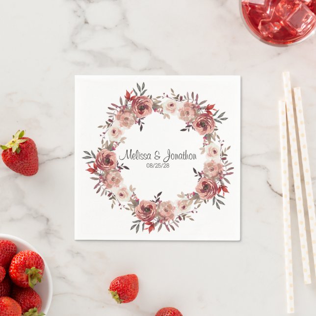 Red Blush Floral Roses Romantic Wedding Napkin (Insitu)