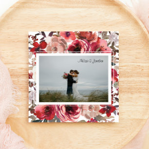 Red Blush Floral Roses Wedding Just Married Announcement