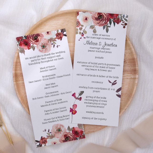 Red Blush Floral Roses Wedding Program (Creator Uploaded)