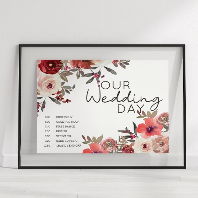 Red Blush Floral Roses Wedding Schedule Poster (Creator Uploaded)