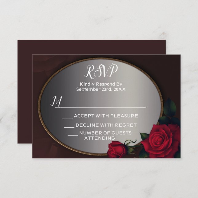 Red Blush Floral Silver Gray Mirror RSVP Card (Front/Back)