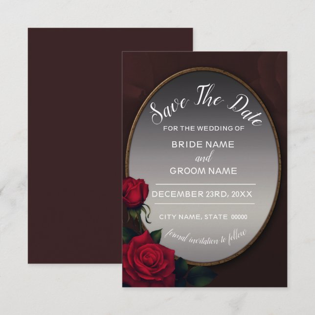 Red Blush Floral Silver Gray Mirror Save The Date (Front/Back)