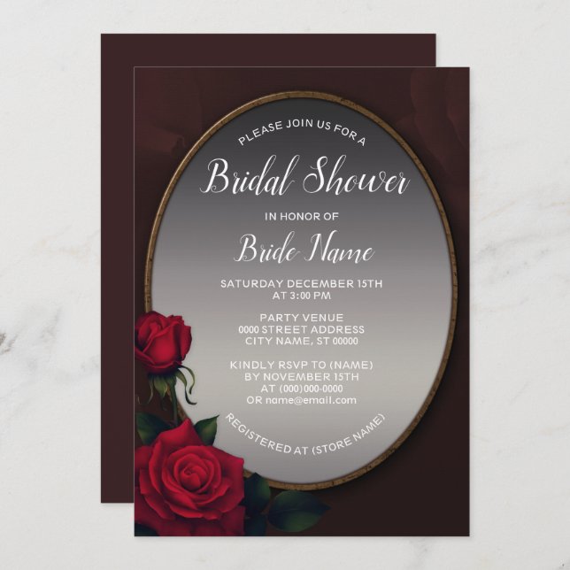 Red Blush Floral Silver Grey Mirror Bridal Shower Invitation (Front/Back)