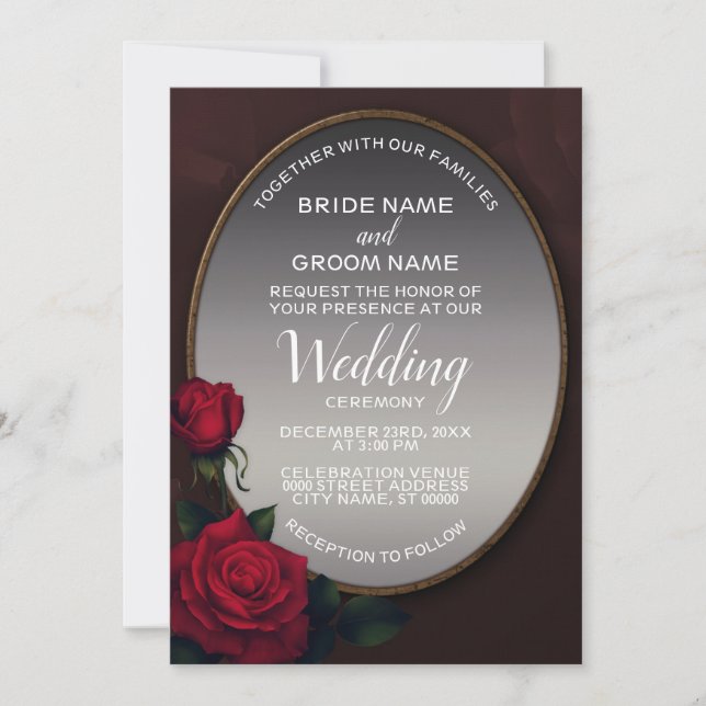 Red Blush Floral Silver Grey Mirror Wedding Invitation (Front)