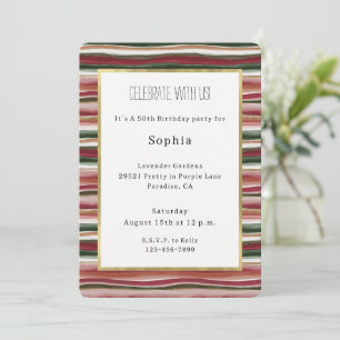 Red Blush Green Pink Stripes Birthday Invitation