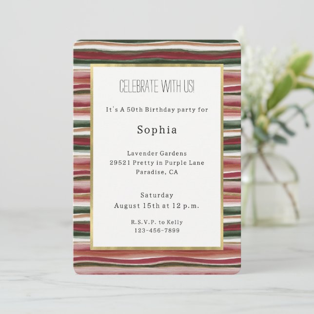 Red Blush Green Pink Stripes Birthday Invitation (Standing Front)