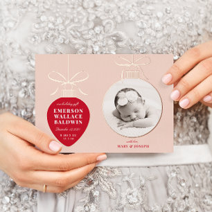 Red Blush Ornament Baby Announcement Holiday Card