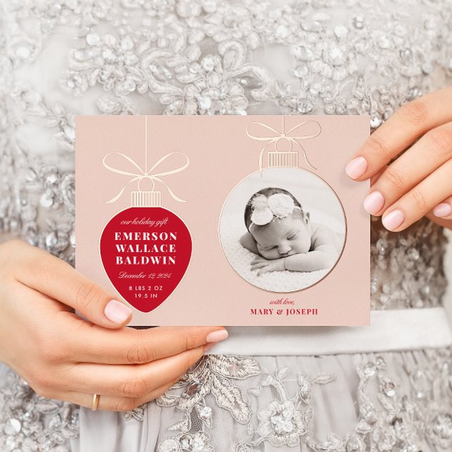 Red Blush Ornament Baby Announcement Holiday Card (Creator Uploaded)