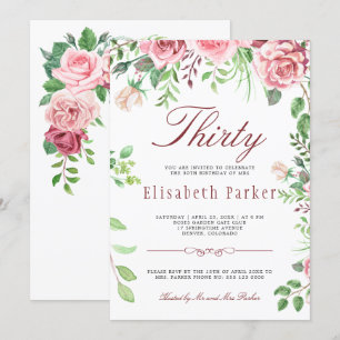 Red Blush Pink Floral Garden 30th Birthday Party Invitation