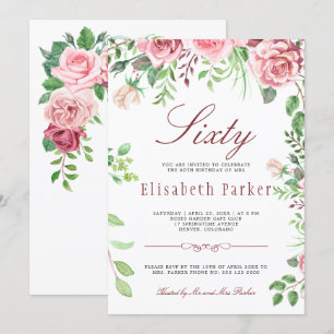 Red Blush Pink Floral Garden 60th Birthday Party Invitation