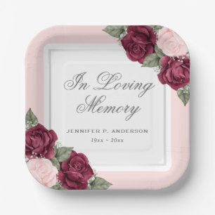 Red Blush Pink Floral Memorial Funeral Paper Plate