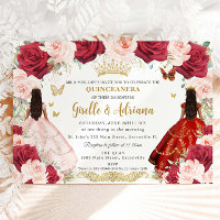 Red Blush Pink Floral Twins Gold Quinceañera