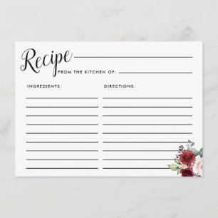 Red Blush Pink Rose Floral Bridal Recipe Card