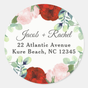 Red & Blush Pink Roses on Eucalyptus Wedding Classic Round Sticker
