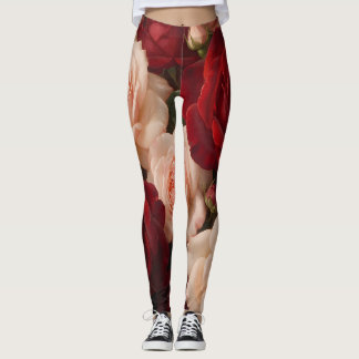 Red & Blush Pink Roses — Romantic Vintage Floral B Leggings